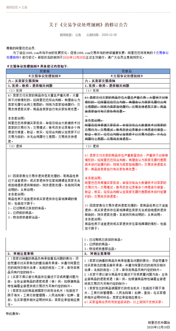 1688《交易争议处理规则》公告