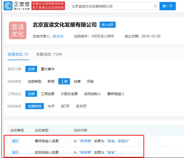 不再互撕？李国庆俞渝关系疑似缓和 两人成同一公司最终受益人