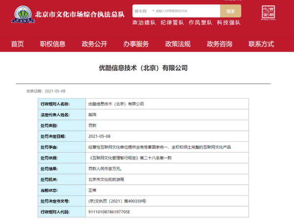 优酷提供危害国家统一等产品 被北京文旅局罚款1万