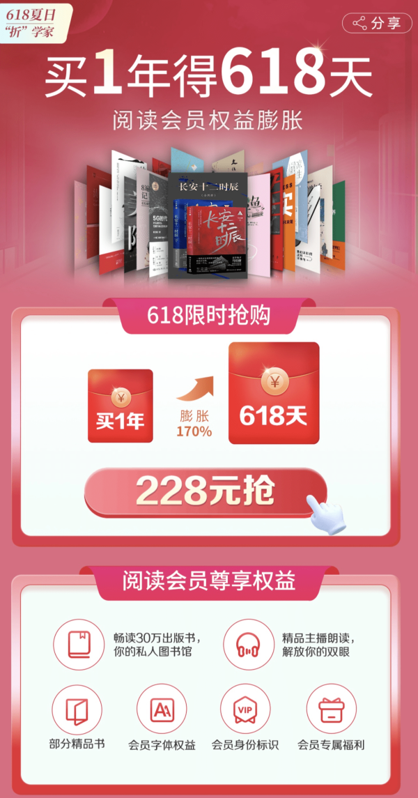 毕业季618双节狂欢！来华为阅读享品质阅听，买1年享618天 