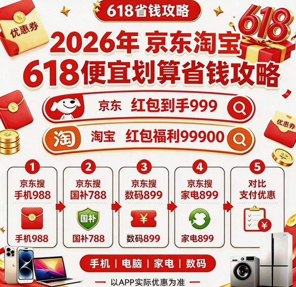  2026年淘宝京东618第二波活动大额红包首发！淘宝京东第二波红包+国补叠加，5月30号晚8点开门红买手机家电最便宜划算！